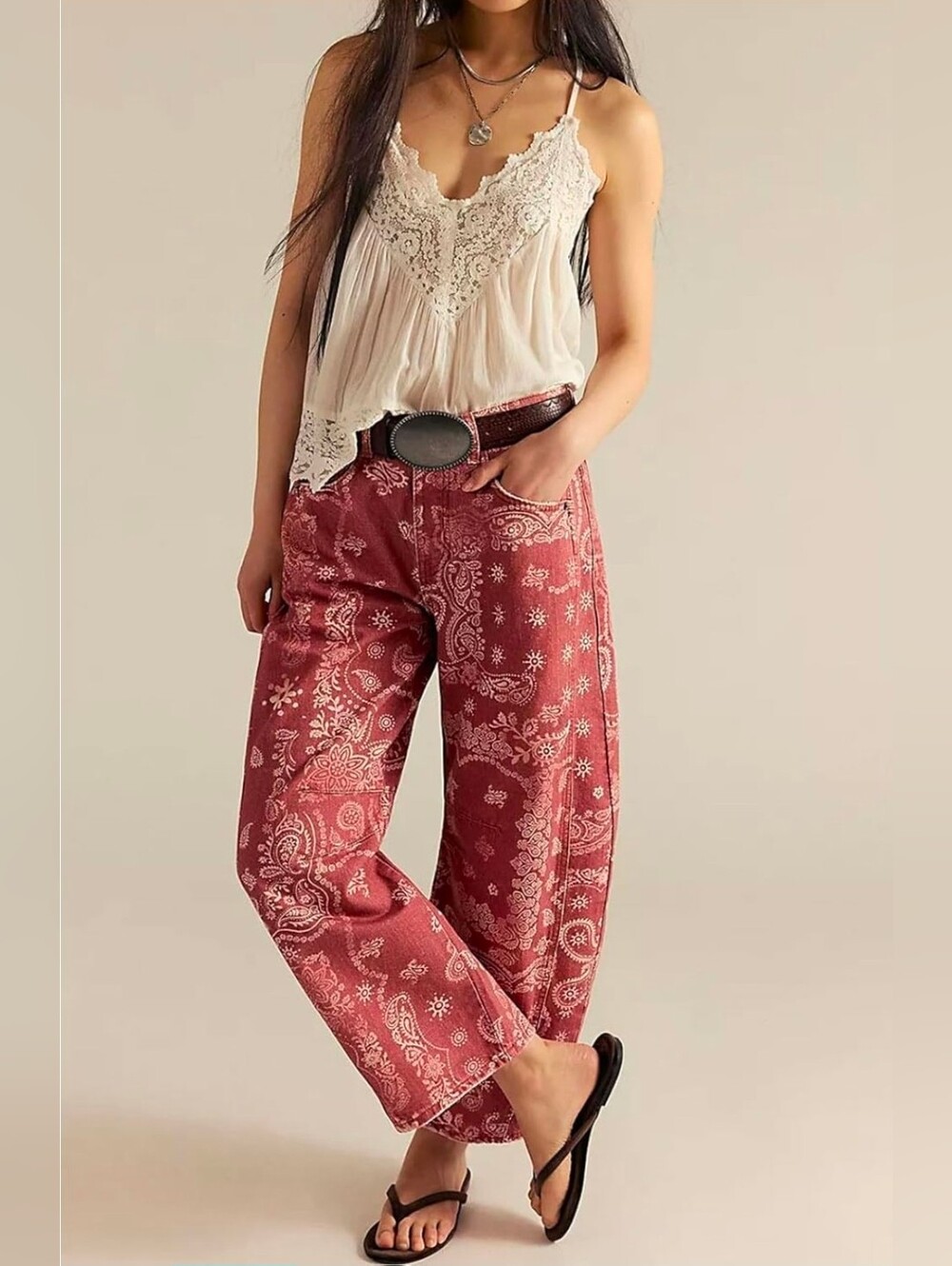 Loveimgs Women's Boyfriend Baggy Barrel Red Paisley Jean Size Small (US 4-6) NWT